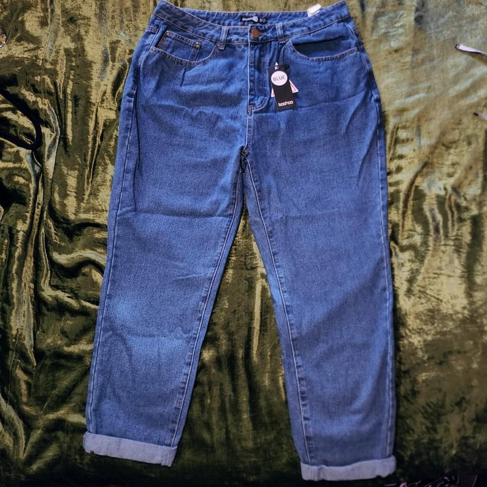 high waisted cuffed mom jeans tapered leg